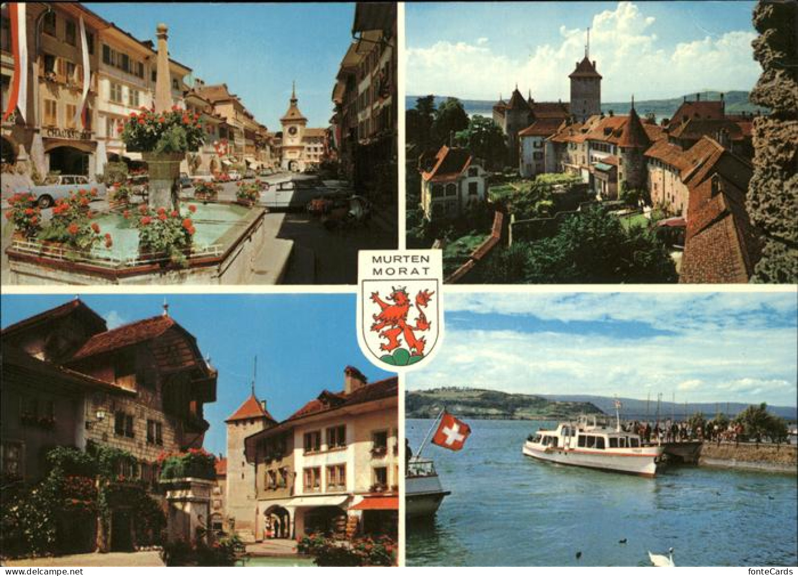 Murten Morat historische Altstadt Turm Brunnen Murtensee Landungssteg Boot Wappe