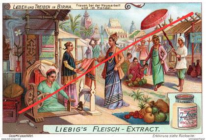 Litho Sammelbild Serienbild Leben und Treiben in Birma Burma Myanmar Frau Hausarbeit Liebig Fleisch Extract Extrakt Oxo