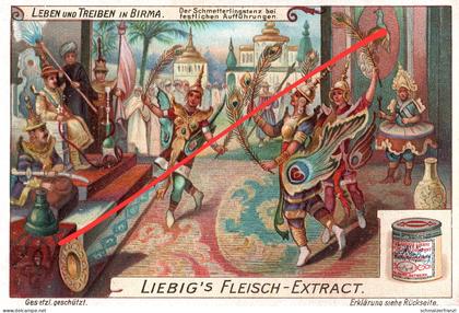 Litho Sammelbild Serienbild Leben und Treiben in Birma Burma Myanmar Tanz König Liebig s Fleisch Extract Extrakt Oxo