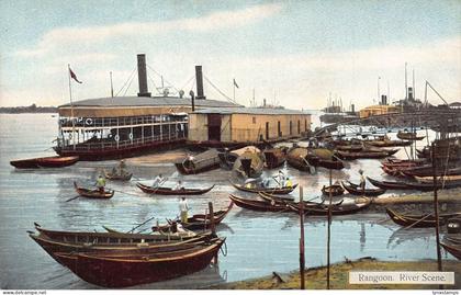 L255 Burma Myanmar Rangoon River scene boats postcard