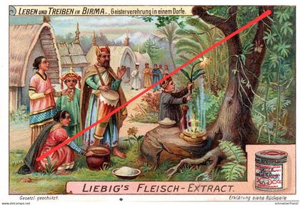 Litho Sammelbild Serienbild Leben und Treiben in Birma Burma Myanmar Geisterverehrung Liebig Fleisch Extract Extrakt Oxo