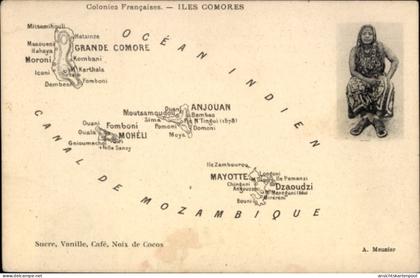 Landkarten CPA Komoren, Französische Kolonie, Anjouan, Mayotte, Moheli, Grande Comore, Frau