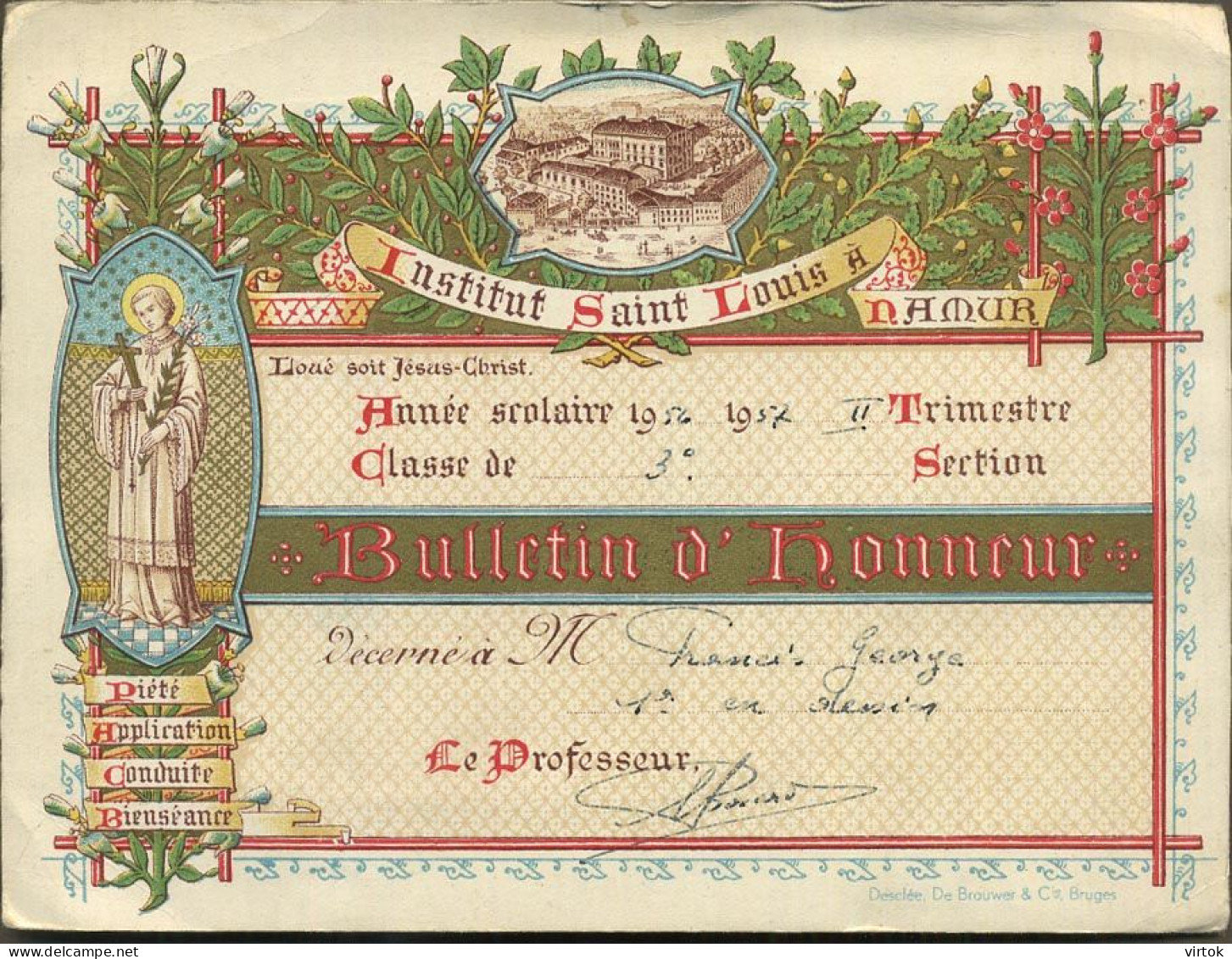 Namur-Namen    : Carte d'honneur - Erekaart   1957 :  Institut Saint Louis