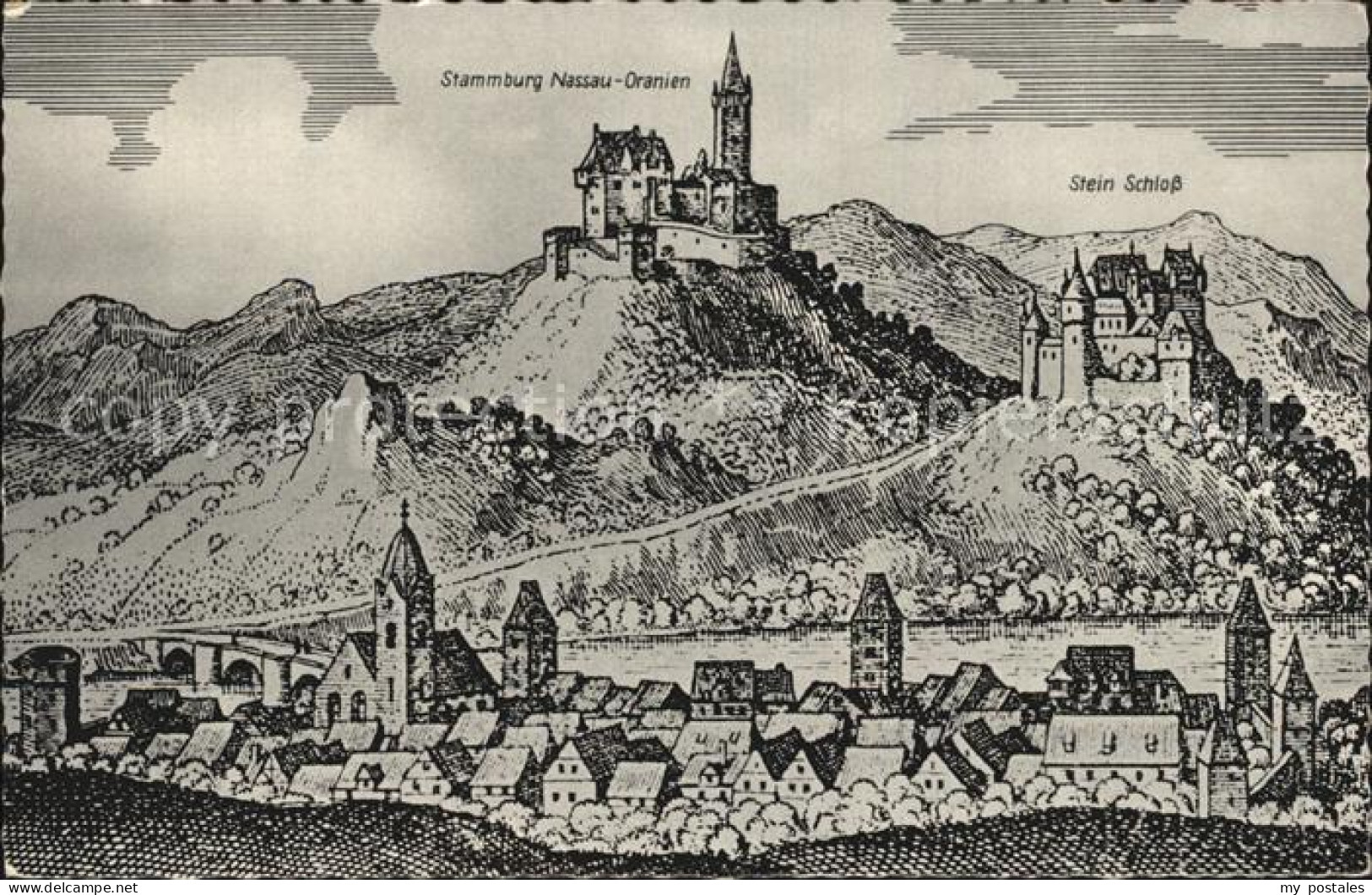 Nassau Lahn Stammburg Nassau Oranien Stein Schloss nach Kupferstich Merian Kuens