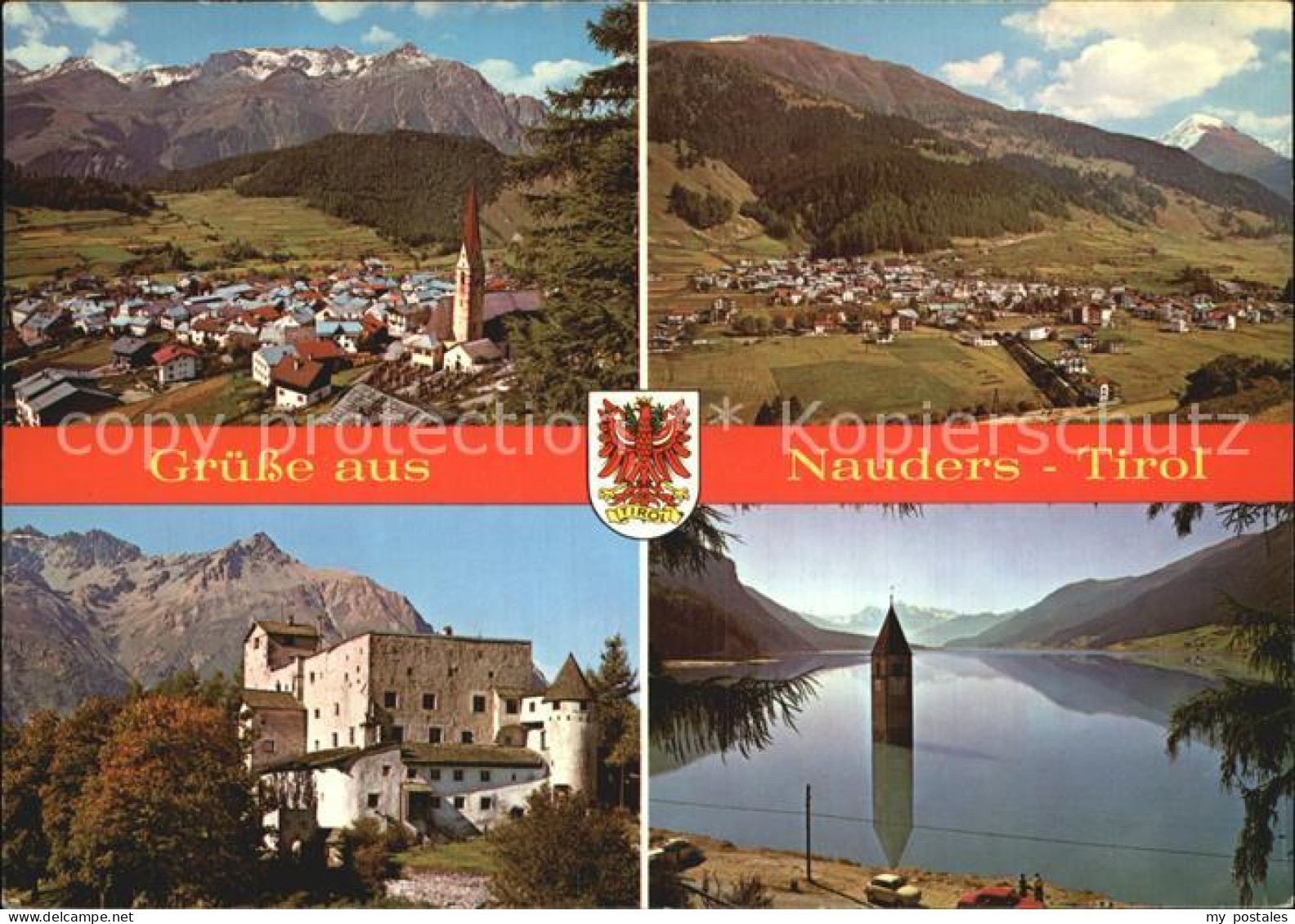 Nauders Tirol Teilansicht mit Kirche Burg See