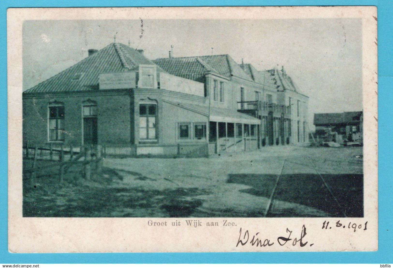 NEDERLAND prentbriefkaart Groet uit Wijk aan Zee 1901 treinstempel Amsterdam-Uitgeest grootrond - Alkmaar