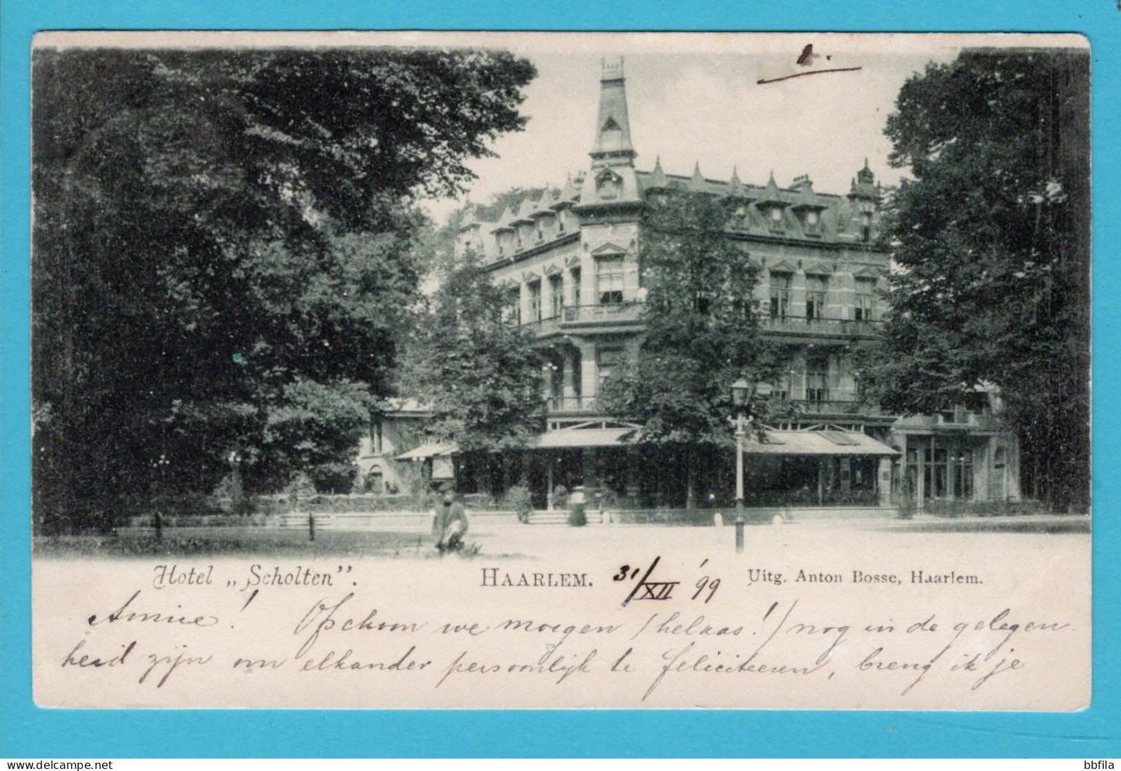 NEDERLAND prentbriefkaart Hotel Scholten 31-12-1899 Harlem naar Amsterdam