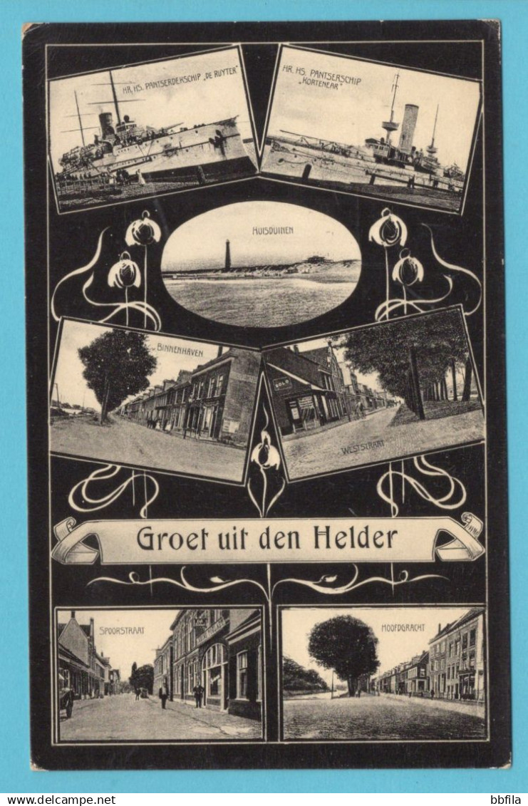 NEDERLAND prentbriefkaart met pantserschepen en vuurtoren 1909 Den Helder - 's Gravenhage