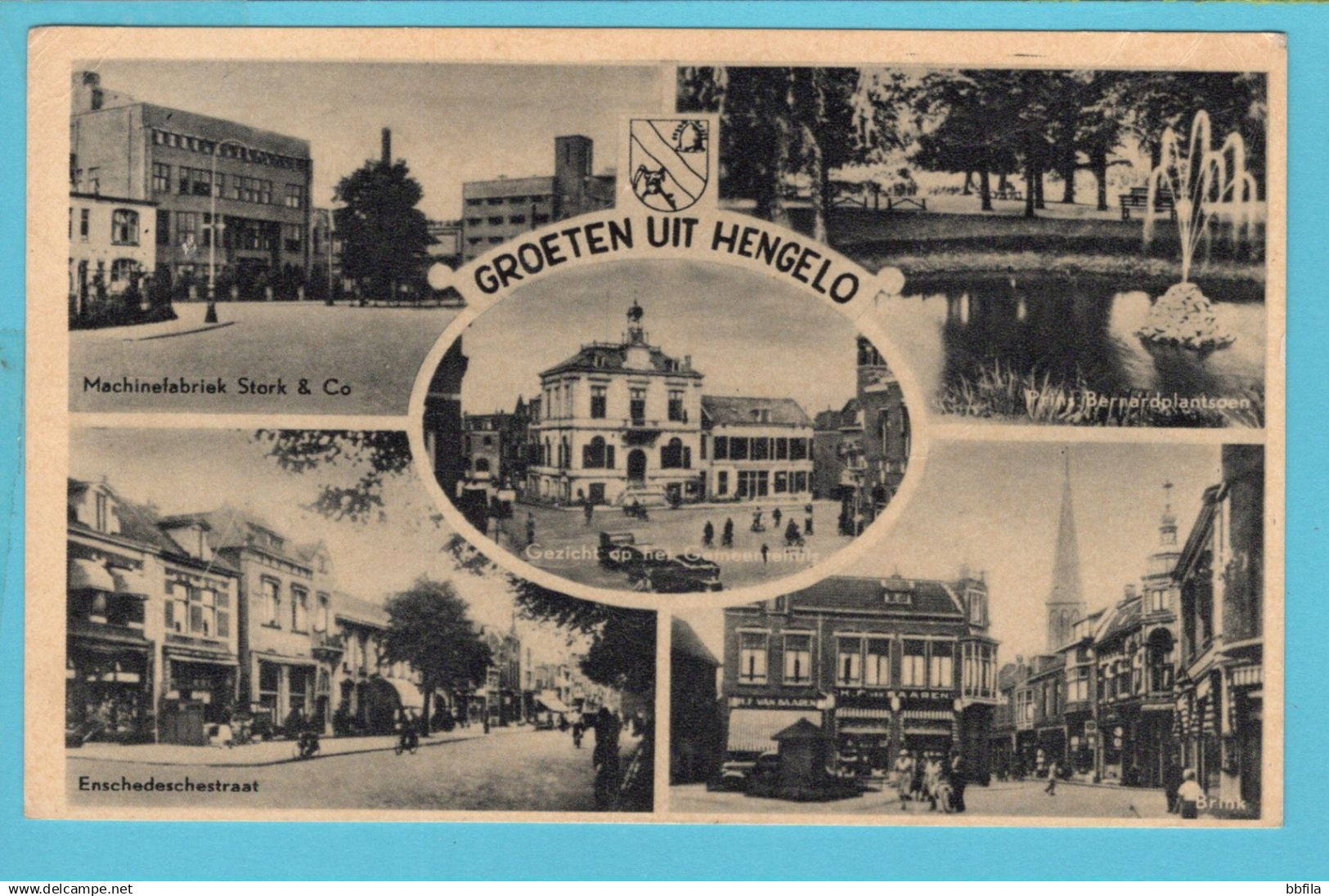 NEDERLAND prentbriefkaart Stadhuis, Machinefabriek Stork, Brink Hengelo 1950 Almelo naar Vriezeveen