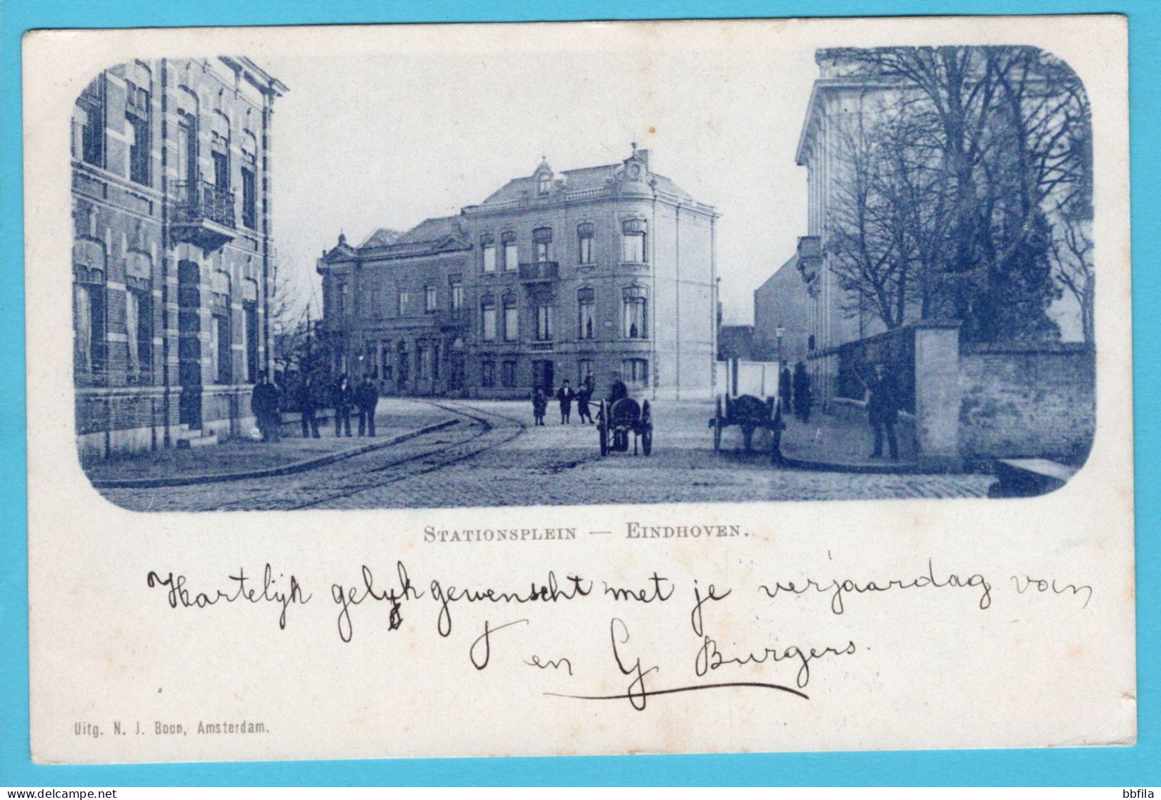 NEDERLAND prentbriefkaart stationsplein Eindhoven 1899 treinstempel Rotterdam - Venloo naar Den Haag