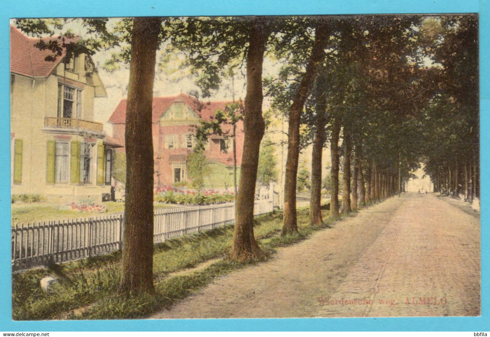 NEDERLAND prentbriefkaart Wierdensche weg Almelo 1909 treinstempel Zwolle Enschede grootrond maar Moergestel