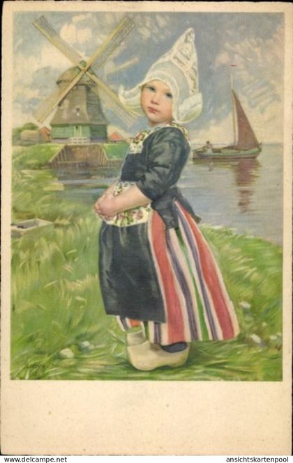 Artiste CPA H. von Schlieben, Antje im Sonntagsstaat, Mädchen in Niederländischer Tracht, Windmühle