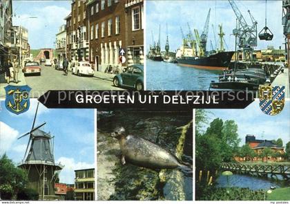 Delfzijl Strassenpartie Hafen Schiff Kran Windmuehle Seehund Wappen