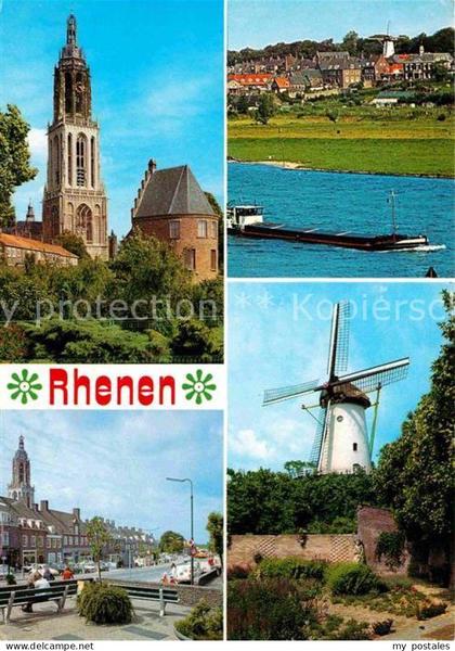 Rhenen Kirche Strassenpartie Rhein Frachtkahn Binnenschifffahrt Windmuehle