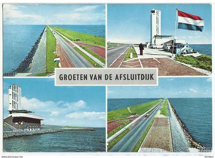 Den Oever Netherlands, Afsluitdijk Multi-view Old Postcard, Monument & Highway, 1964