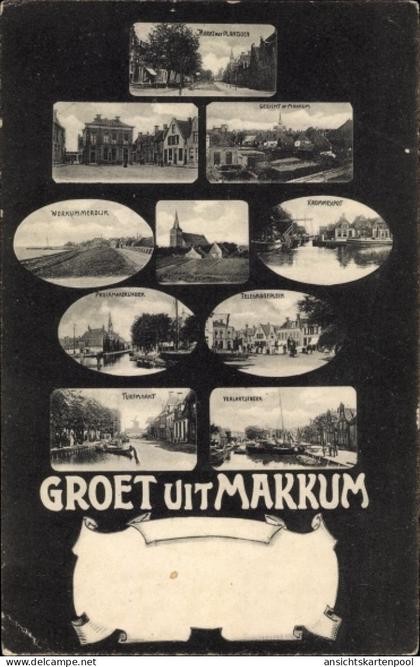 CPA Makkum Friesland Niederlande, Ortsansichten, Hafen, Boot, Kirche