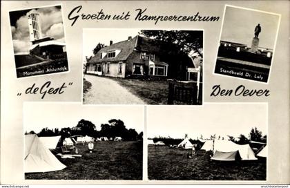 CPA Den Oever Nordholland, Monument Afsluitdijk, Standbeeld Dr Lely, Kampeercentrum de Gest