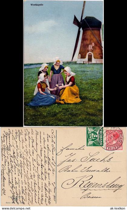 Postkaart Westkapelle-Veere Typen vor Windmühle 1925