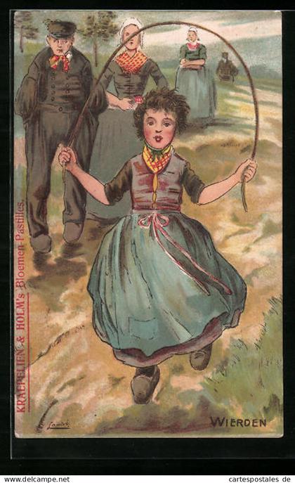 Künstler-AK Wierden, Mädchen in Tracht beim Seilspringen