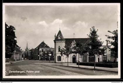 AK Zevenbergen, Politie-post, straatzicht met kerktoren