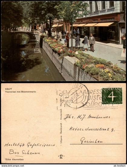 Postkaart Delft Delft Voorstraat met Bloemenmarkt 1962