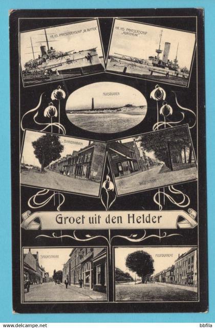 NEDERLAND prentbriefkaart met pantserschepen en vuurtoren 1909 Den Helder - 's Gravenhage