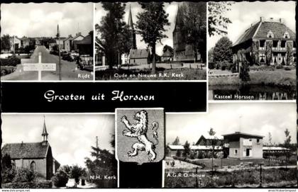 CPA Horssen Druten Gelderland Niederlande, Rijdt, R. K. Kerk, Kasteel Horssen, A.G.R.O. bouw