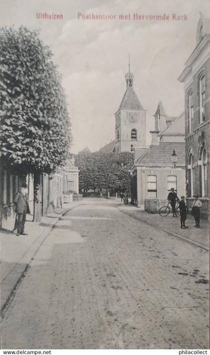Uithuizen (Grn.) Postkantoor met Hervormde Kerk (geanimeerd) 1912