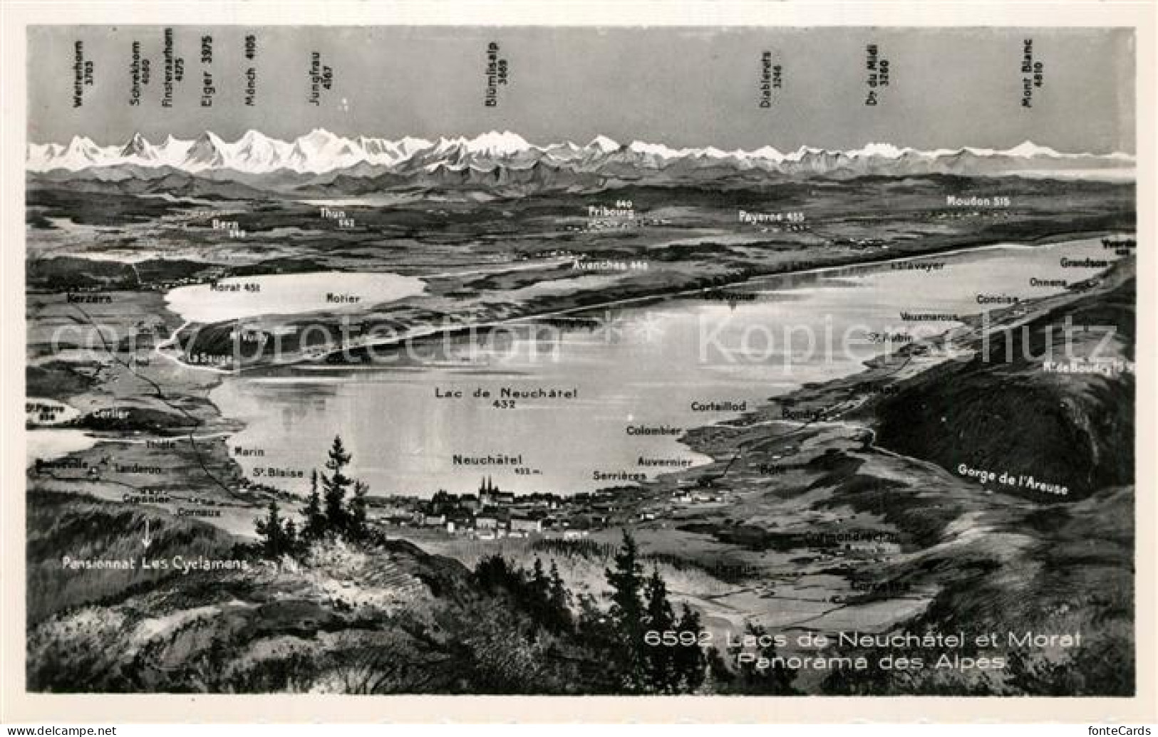 Neuchatel NE Lac de Neuchatel et Morat Panorama des Alpes Kuenstlerkarte