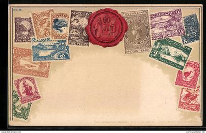 Präge-AK Neuseeland, Ansichten von Briefmarken, Siegelwappen