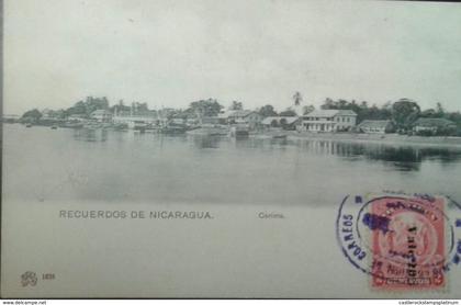 O) 1908 NICARAGUA, COAT OF ARMS SC 212 SURCHARGE IN BLACK VERTICALLY, CORINTO- LANDSCAPE BY RIVER -ARCHITECTURE AND LAND
