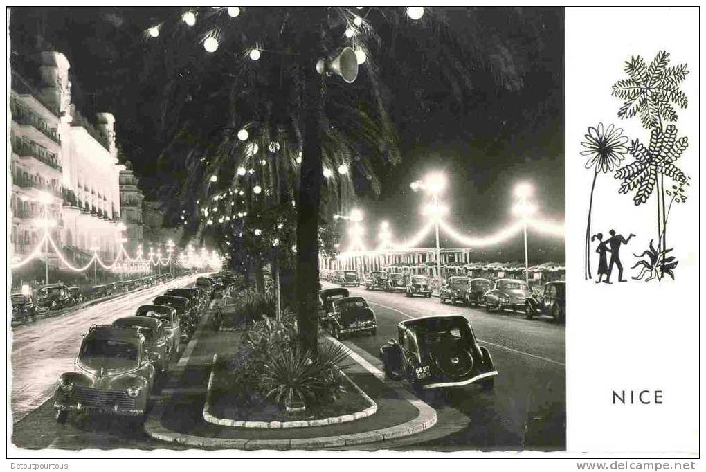NICE promenade des anglais la nuit ( citroen traction & Peugeot 203 )