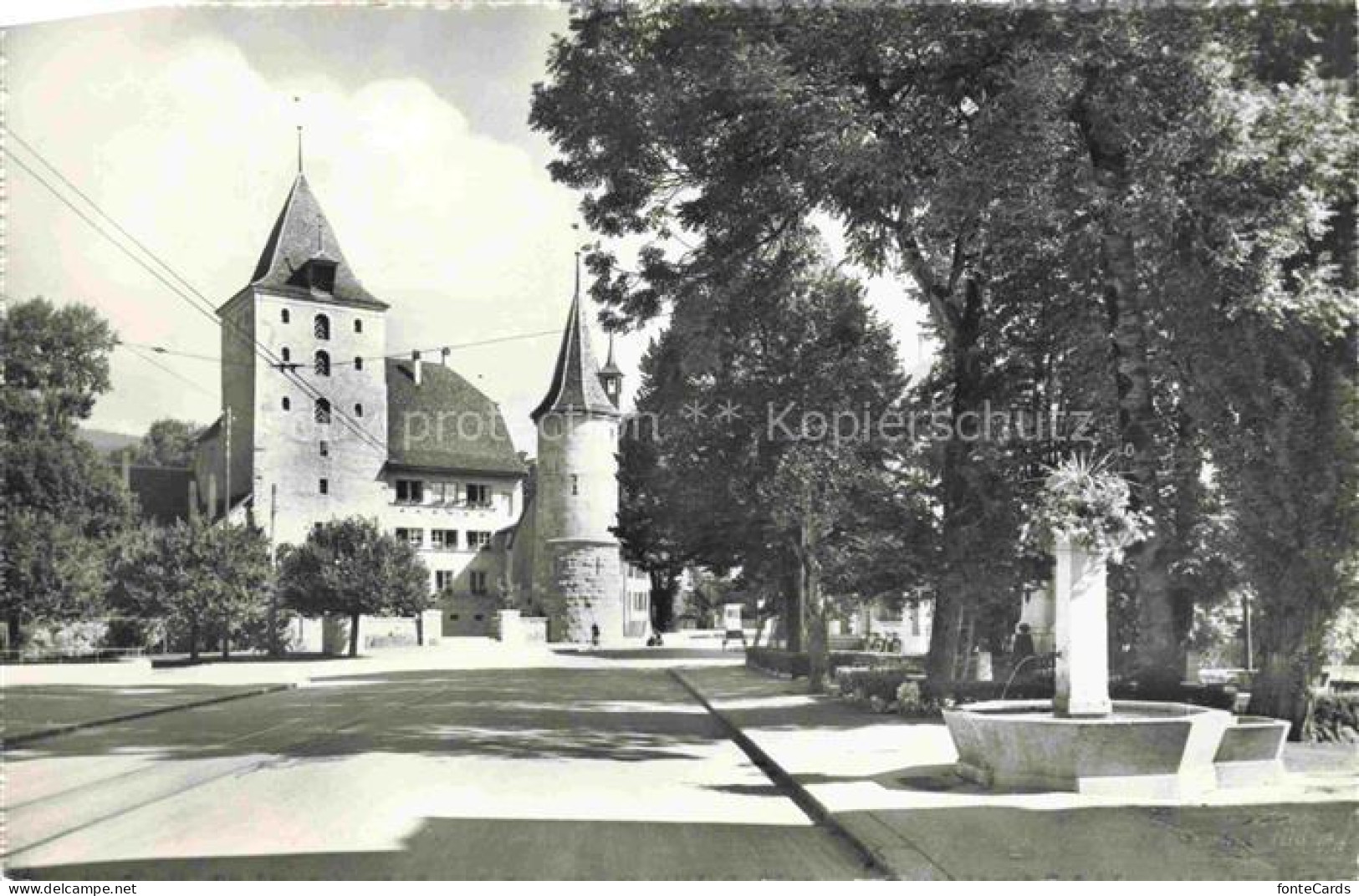 Nidau Niedau Bielersee Lac de Bienne BE Schloss-Nidau Turm Brunnen Baeume Platz