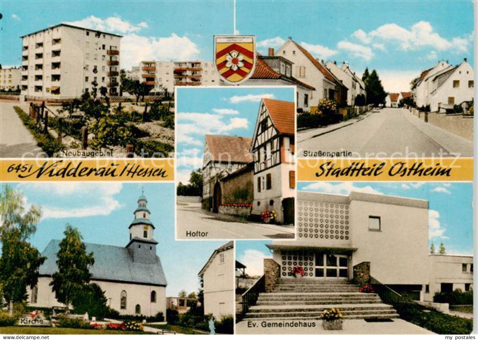 Nidderau Hessen OT Ostheim Neubaugebiet Strassenpartie Kirche Ev Gemeindehaus