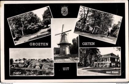 Blason CPA Gieten Drenthe Niederlande, Hotel Braams, Hoofdstraat, Molen, Hunebed, Ingang Zwanenmeer