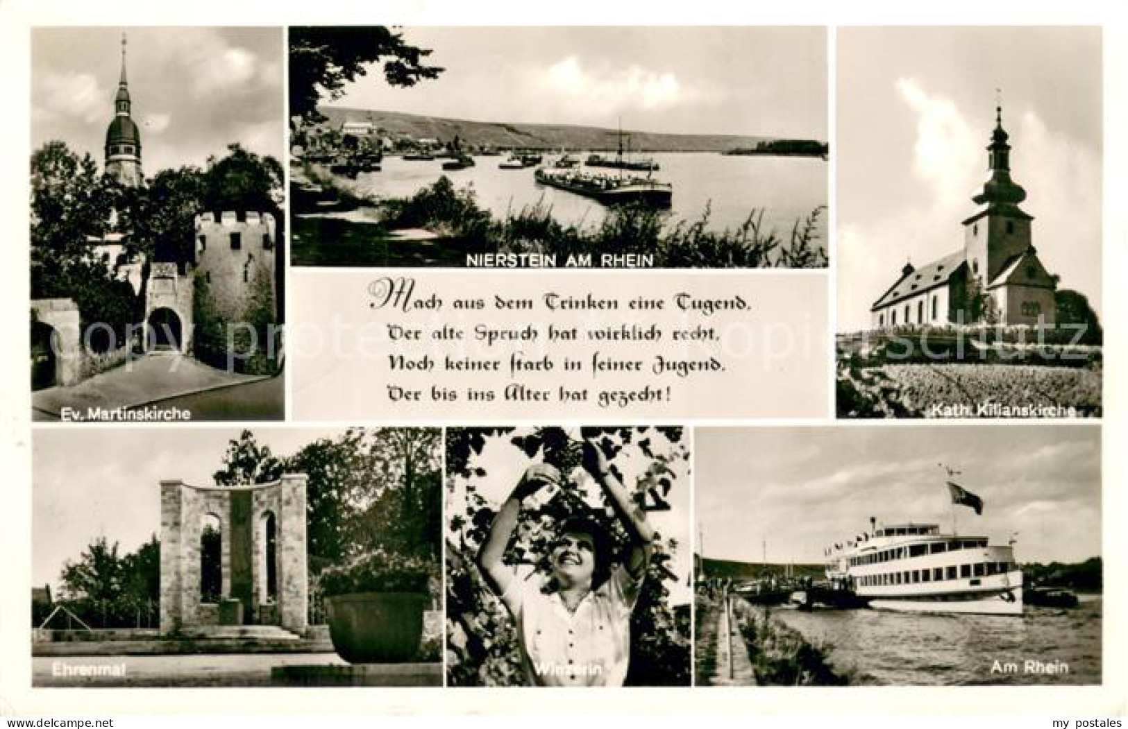 Nierstein Rhein Uferpartie am Rhein Binnenschifffahrt Kirchen Ehrenmal Fahrgasts