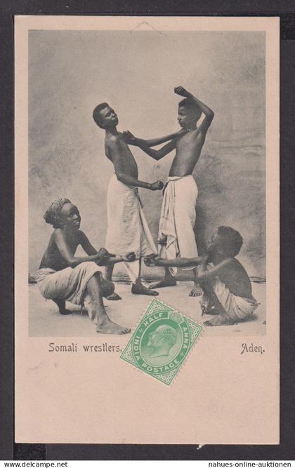 Sport Ringkampf Ansichtskarte Aden Jemen Somalische Ringkämpfer