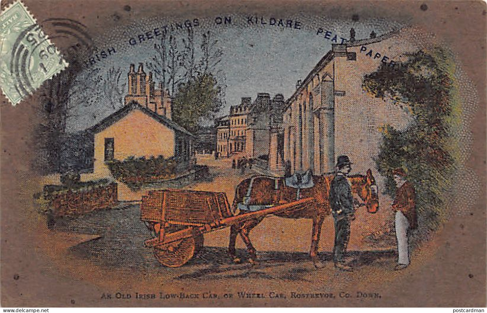 Northern Ireland - ROSTREVOR - An old irish low-back car or wheel car - Irish Greetings on Kildare Peat paper