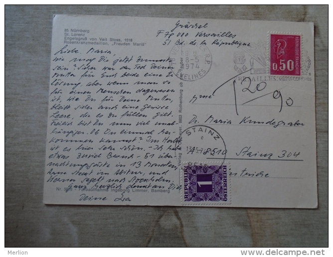 Nürnberg  St. Lorenz Engelsgruß von Veit Stoss - Versailler 1974 -to STAINZ Austria  - PORTO STAMP   D132464