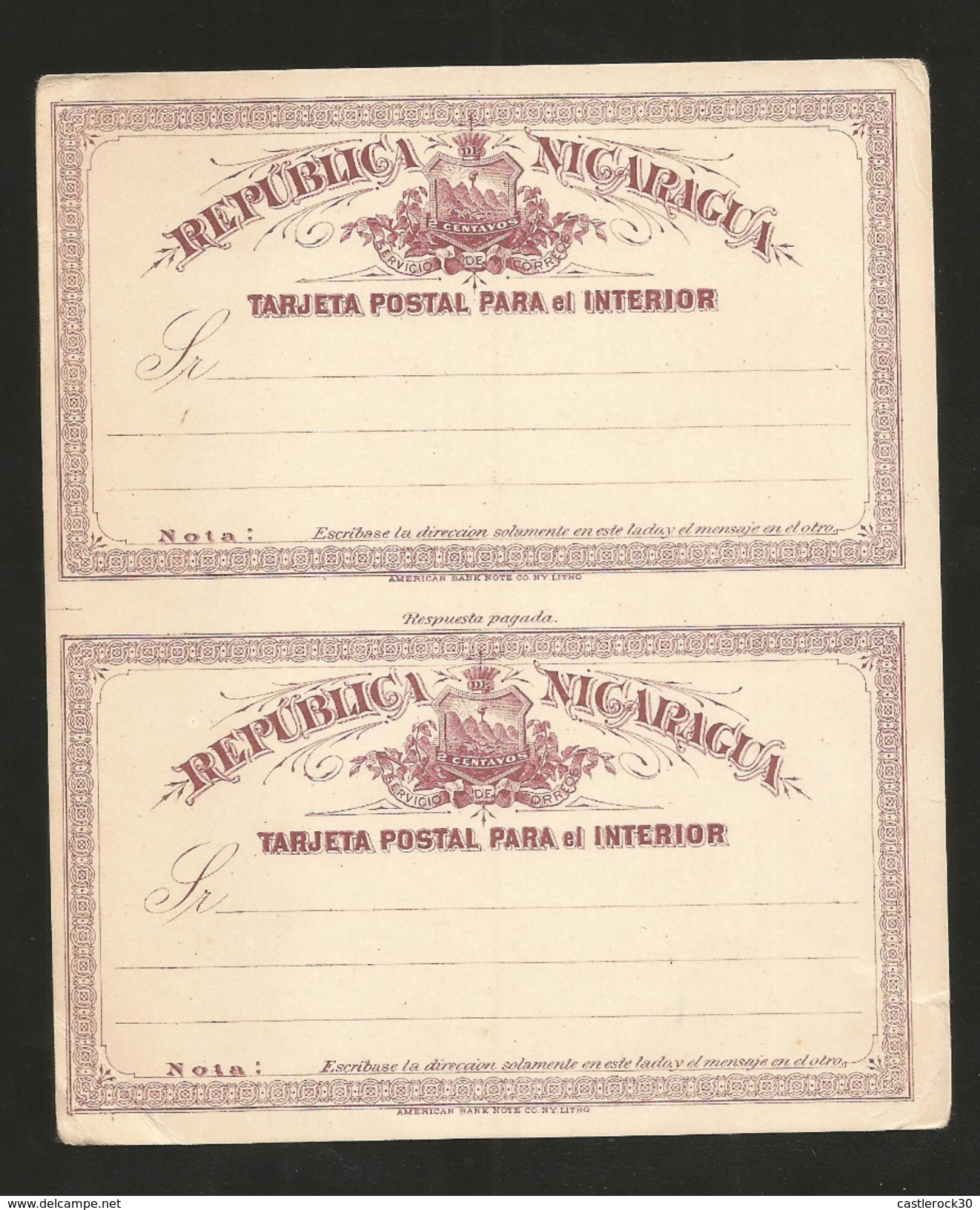 O) 1898 NICARAGUA, POSTAL CARD. 2 CENTAVOS, POSTAL REPLY COUPON, XF