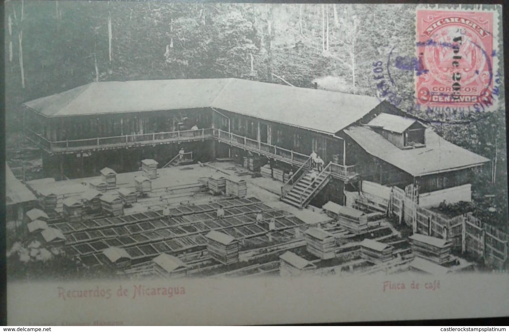 O) 1907 NICARAGUA, COAT OF ARMS SURCHARGED VERTICALLY IN BLACK VALOR 200. COFFEE FARM OLD POSTCARD -​RURAL LANDSCAPE, XF