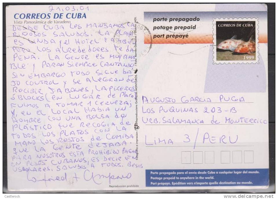 O) 2001 CUBA, PANORAMIC VIEW VARADERO, FISH, POSTAL STATIONERY TO PERU-LIMA