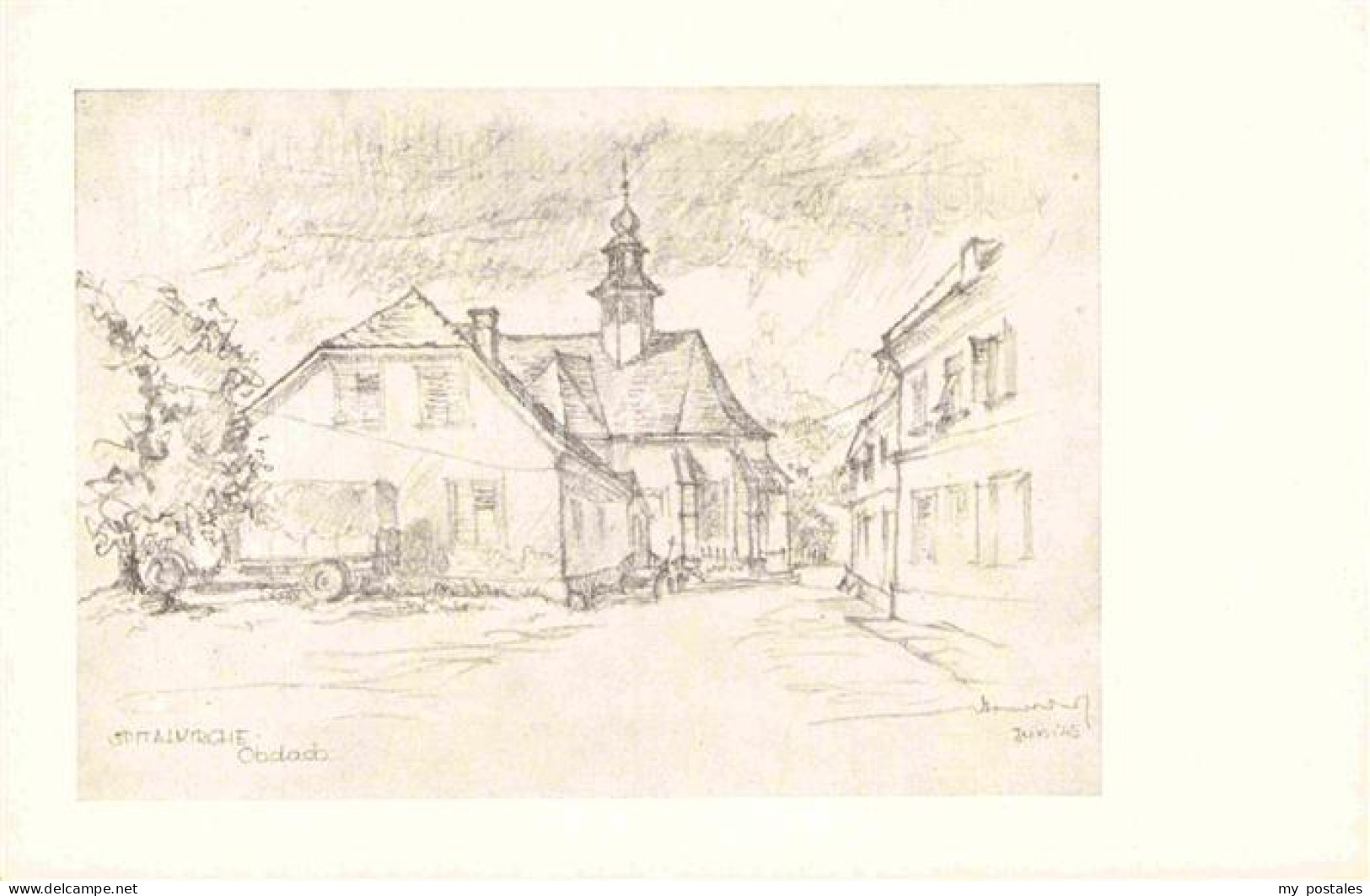 Obdach Spitalkirche nach Bleistiftzeichnung von Arch. Karl Arnold Kuenstlerkarte