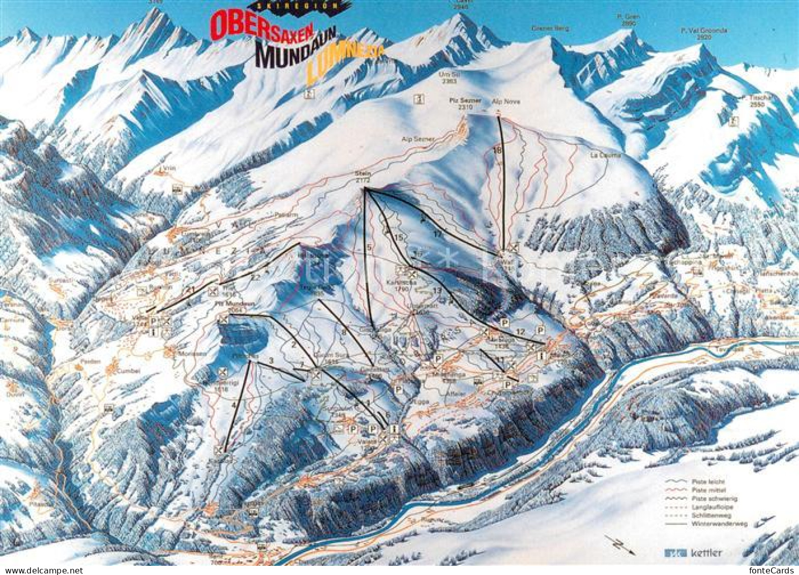 Obersaxen GR Skigebiet Alpen Mundau Lumnezia Vogelschaukarte