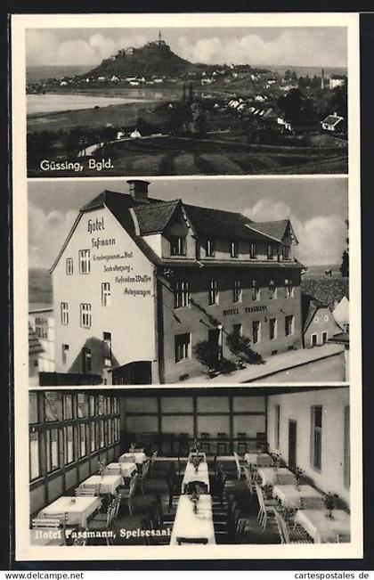 AK Güssing, Ortsansicht, Hotel Fassmann, Speisesaal