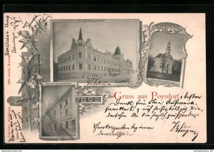 AK Poysdorf, Gemeinde Gasthof, K.K. Bezirksgericht, Maria-Brünndl Kirche