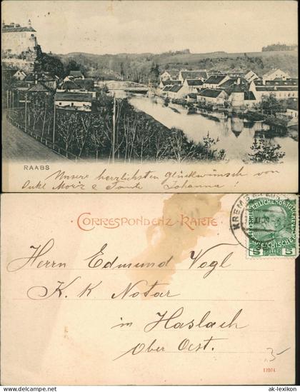 Ansichtskarte Raabs an der Thaya Stadtpartie mit Brücke 1909