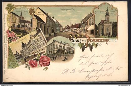 Lithographie Poysdorf, Schule, Dreifaltigkeits-Platz, Josef-Platz