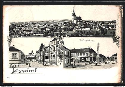 Lithographie Poysdorf, Teilansicht, Strassenpartie mit Gebäudeansicht, Dreifaltigkeitsplatz