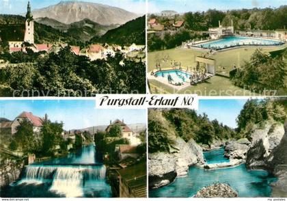 Purgstall Erlauf Ortsansicht mit Kirche Freibad Erlauf Wehr Flusslauf Felsen